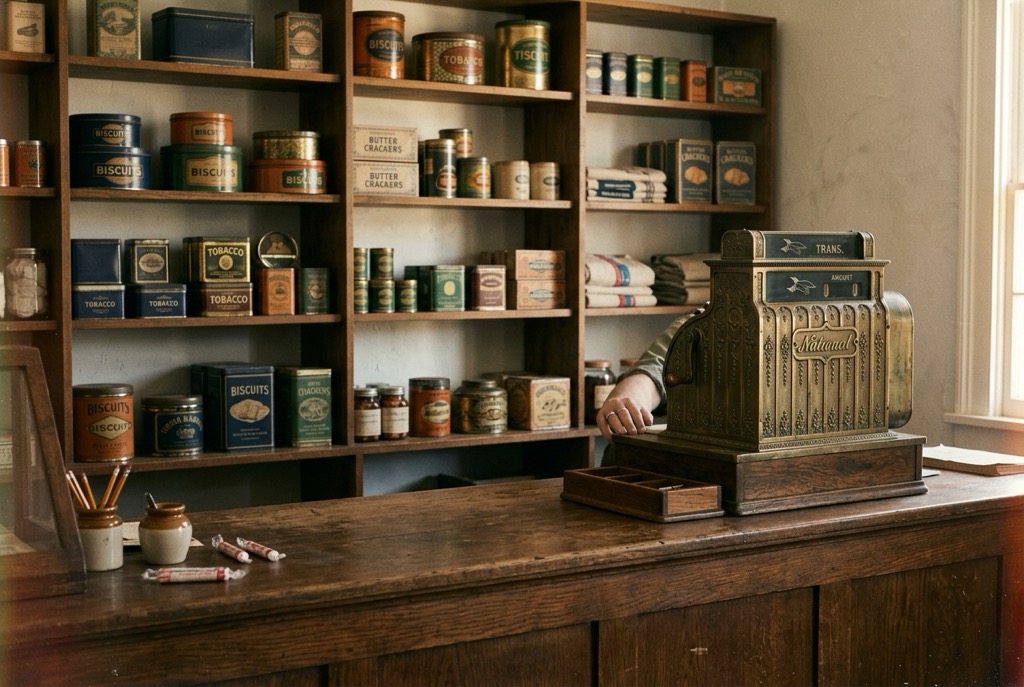 A vintage mid-century post exchange store counter