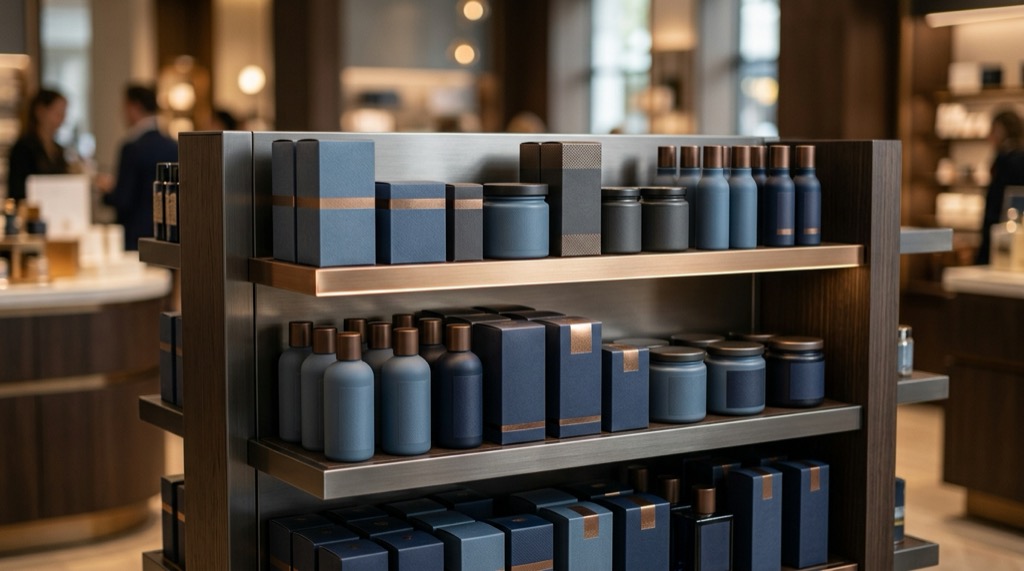 An emerging brand's products merchandised on a clean, well-lit military exchange shelf